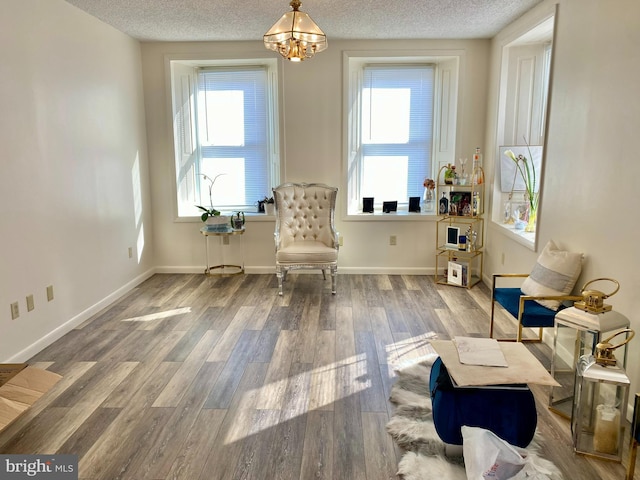 sitting room with a textured ceiling, wood finished floors, a chandelier, and baseboards