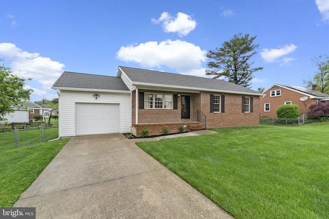 ranch-style home featuring an attached garage, concrete driveway, brick siding, and a shingled roof
