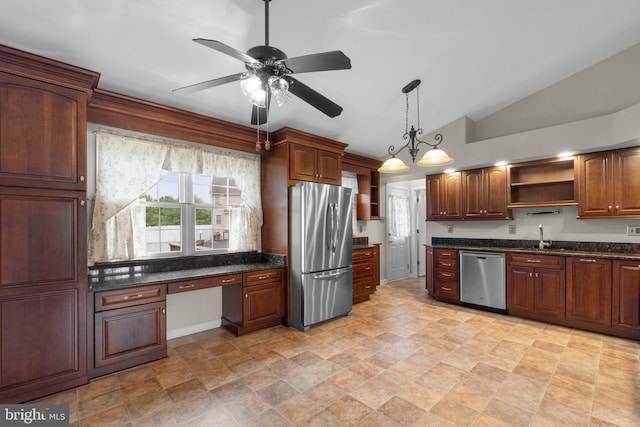 kitchen featuring appliances with stainless steel finishes, open shelves, stone finish flooring, vaulted ceiling, and a ceiling fan