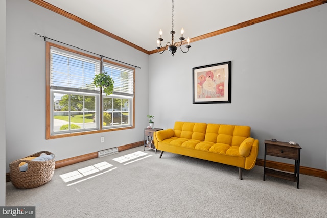 living area with a chandelier, carpet, ornamental molding, and baseboards