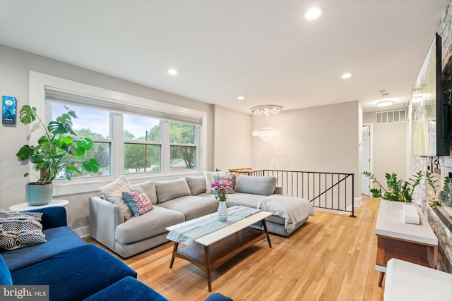 6415 Wilcox Ct, Alexandria, VA 22310 - living area with a chandelier, light wood-type flooring, and recessed lighting