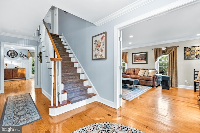3 Mills Brook Ln, Shamong, NJ 08088 - stairway with hardwood / wood-style flooring, crown molding, baseboards, and recessed lighting