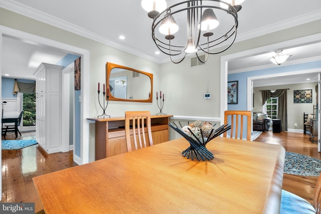 3 Mills Brook Ln, Shamong, NJ 08088 - dining space with a chandelier, hardwood / wood-style floors, crown molding, recessed lighting, and baseboards