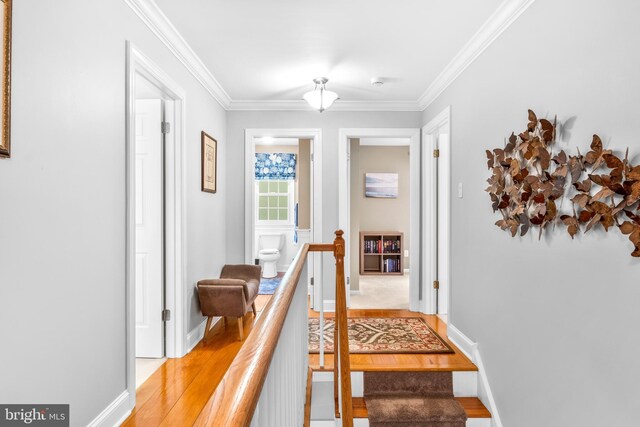 3 Mills Brook Ln, Shamong, NJ 08088 - hall with an upstairs landing, crown molding, light wood-style flooring, and baseboards