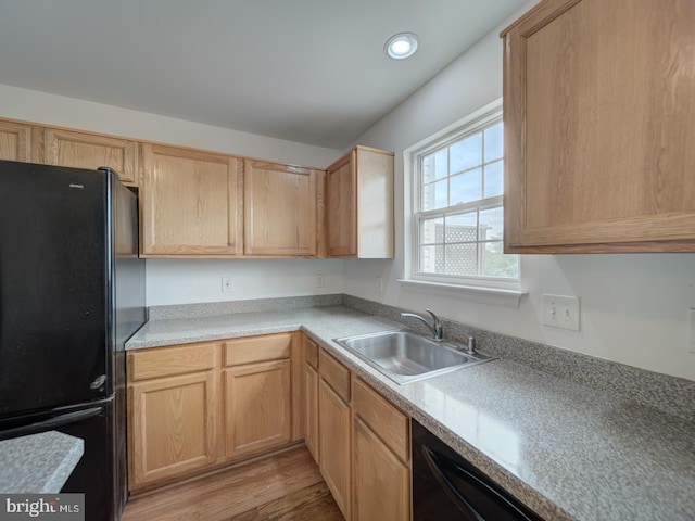 13195 Golders Green Pl, Bristow, VA 20136 - kitchen featuring freestanding refrigerator, a sink, light wood-type flooring, recessed lighting, and light brown cabinets