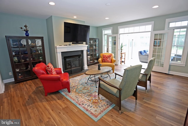 168 Williams Way, Lewes, DE 19958 - living area with wood finished floors, a fireplace with flush hearth, recessed lighting, and baseboards
