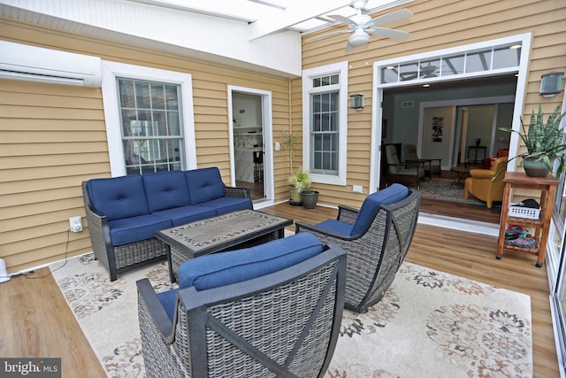 168 Williams Way, Lewes, DE 19958 - deck with outdoor lounge area, a ceiling fan, an AC wall unit, and a patio