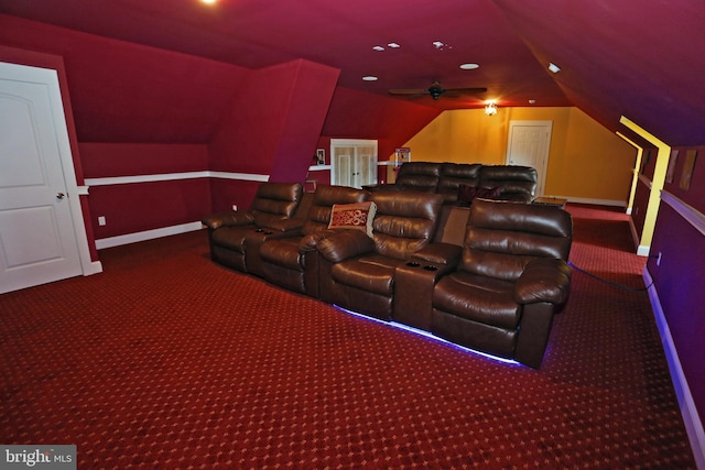 168 Williams Way, Lewes, DE 19958 - carpeted cinema featuring baseboards, vaulted ceiling, a ceiling fan, and recessed lighting