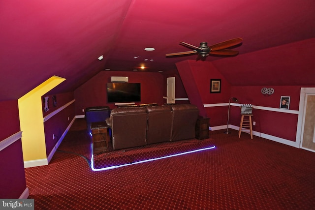 168 Williams Way, Lewes, DE 19958 - home theater room featuring carpet flooring, baseboards, vaulted ceiling, and ceiling fan