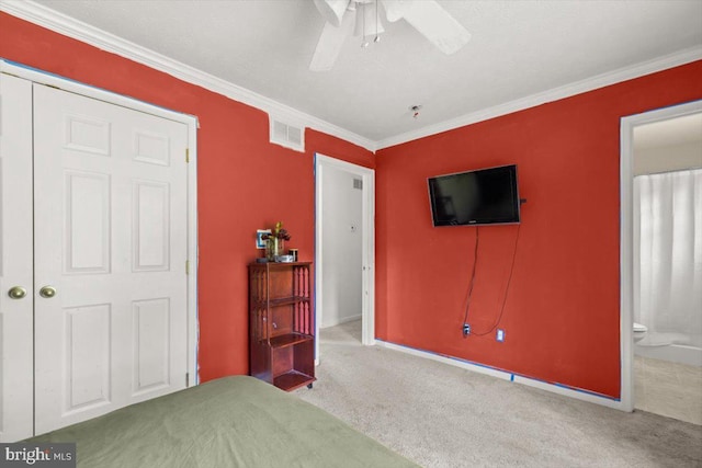 144 Falcon Trl, Winchester, VA 22602 - bedroom featuring carpet floors, ornamental molding, baseboards, ensuite bathroom, and ceiling fan