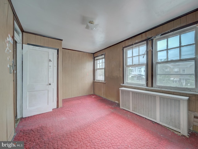 820 Tuckerman St NW, Washington, DC 20011 - unfurnished bedroom featuring radiator heating unit, wooden walls, and carpet flooring