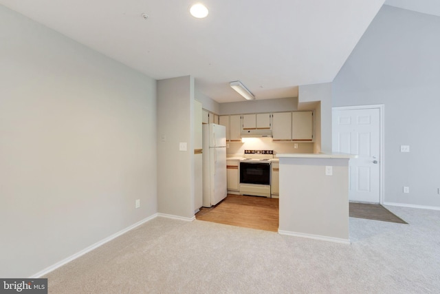 kitchen featuring white appliances, light colored carpet, under cabinet range hood, light countertops, and baseboards