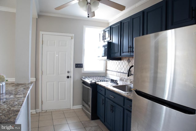 5519 Minnoka Ave, Baltimore, MD 21215 - kitchen with stainless steel appliances, a sink, a ceiling fan, blue cabinets, and crown molding