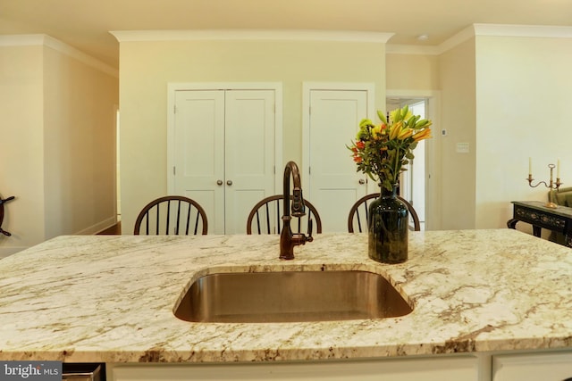 kitchen featuring a sink, light stone countertops, and crown molding