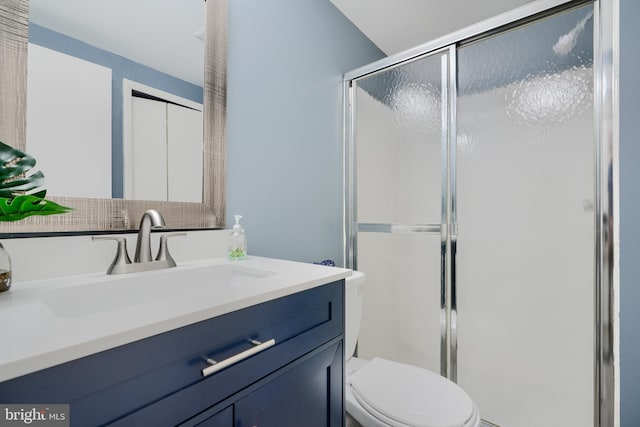 full bath with toilet, a stall shower, and vanity