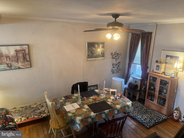 dining room featuring wood finished floors, ornamental molding, and ceiling fan
