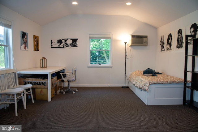 615 Bryn Mawr Ave, Penn Valley, PA 19072 - bedroom with vaulted ceiling, a wall mounted AC, dark carpet, recessed lighting, and baseboards