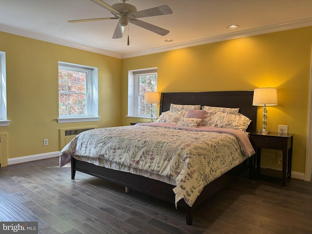 615 Bryn Mawr Ave, Penn Valley, PA 19072 - bedroom with radiator heating unit, wood finished floors, crown molding, baseboards, and a ceiling fan