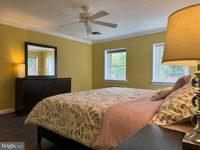 615 Bryn Mawr Ave, Penn Valley, PA 19072 - bedroom featuring dark wood finished floors, crown molding, baseboards, and a ceiling fan