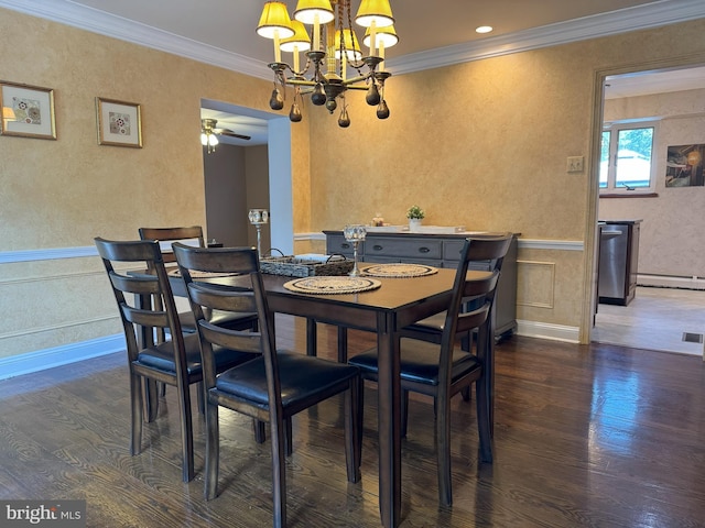 615 Bryn Mawr Ave, Penn Valley, PA 19072 - dining area featuring a chandelier, wood finished floors, a ceiling fan, ornamental molding, and a baseboard radiator