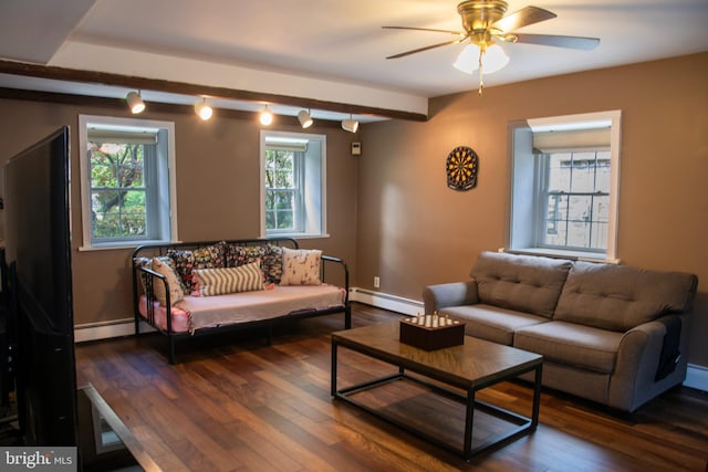 615 Bryn Mawr Ave, Penn Valley, PA 19072 - living area featuring a baseboard radiator, wood finished floors, a ceiling fan, baseboards, and beamed ceiling
