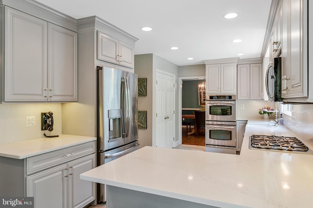 8412 Riverside Rd, Alexandria, VA 22308 - kitchen with appliances with stainless steel finishes, a peninsula, recessed lighting, gray cabinetry, and light stone countertops