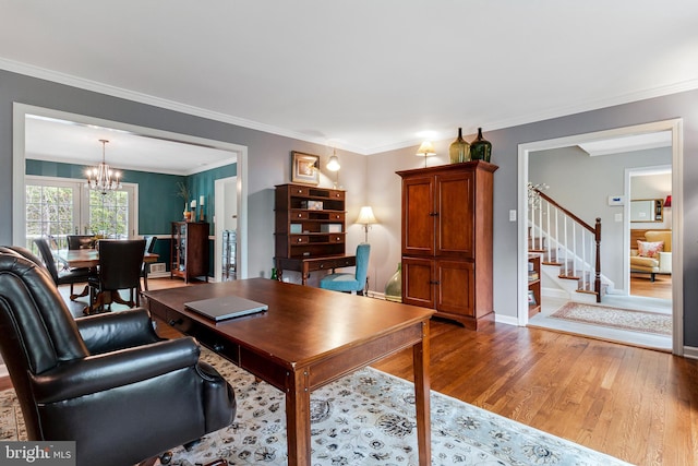 8412 Riverside Rd, Alexandria, VA 22308 - living room with a chandelier, wood finished floors, stairs, crown molding, and baseboards