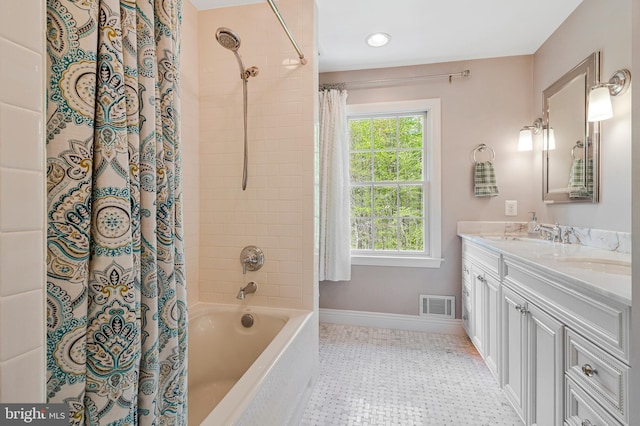 8412 Riverside Rd, Alexandria, VA 22308 - bathroom with baseboards, shower / bathtub combination with curtain, double vanity, and tile patterned floors