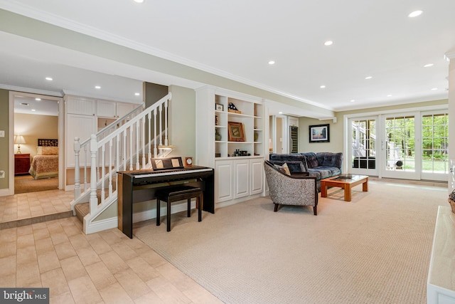 8412 Riverside Rd, Alexandria, VA 22308 - living area with stairway, crown molding, recessed lighting, and baseboards