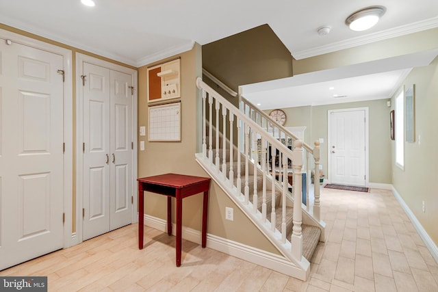 8412 Riverside Rd, Alexandria, VA 22308 - staircase with baseboards, ornamental molding, recessed lighting, and wood finished floors