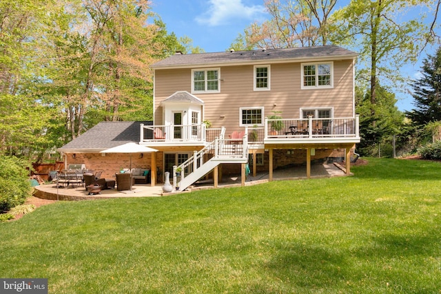 8412 Riverside Rd, Alexandria, VA 22308 - rear view of property featuring stairway, a deck, an outdoor living space, a lawn, and a patio