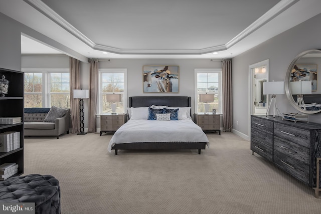carpeted bedroom featuring a raised ceiling, ornamental molding, multiple windows, baseboards, and recessed lighting