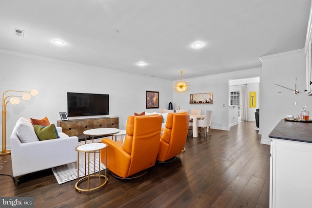 110 Commodore Ct, Philadelphia, PA 19146 - living room featuring crown molding, dark wood-type flooring, recessed lighting, baseboards, and a chandelier