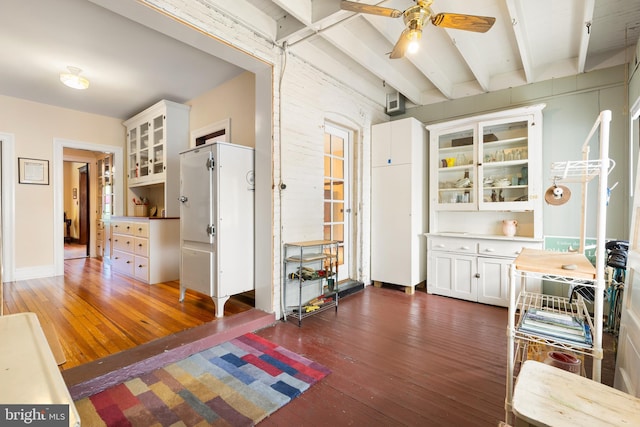 3650 Park Pl NW, Washington, DC 20010 - kitchen featuring hardwood / wood-style floors, white cabinets, a ceiling fan, and beam ceiling