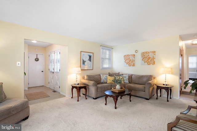 carpeted living area featuring baseboards
