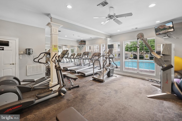 4561 Strutfield Ln Unit 3218, Alexandria, VA 22311 - workout area featuring decorative columns, ceiling fan, recessed lighting, crown molding, and carpet flooring