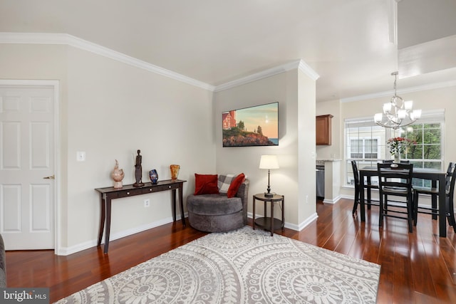 4561 Strutfield Ln Unit 3218, Alexandria, VA 22311 - living area with dark wood-style floors, a chandelier, baseboards, and ornamental molding