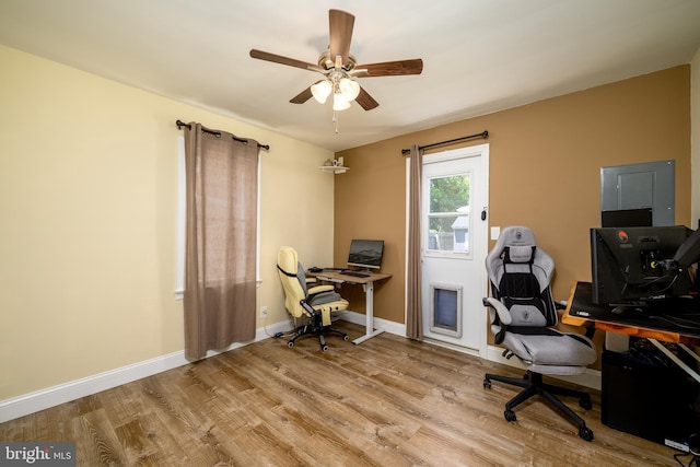 282 Eaton Ave, Hamilton, NJ 08619 - home office with wood finished floors, a ceiling fan, and baseboards