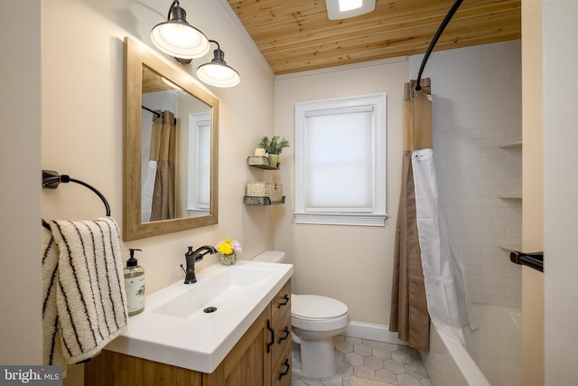 282 Eaton Ave, Hamilton, NJ 08619 - bathroom with wooden ceiling, tile patterned floors, vanity, toilet, and shower / bath combo with shower curtain
