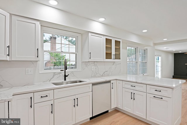 2144 Silentree Dr, Vienna, VA 22182 - kitchen featuring dishwasher, a peninsula, plenty of natural light, white cabinets, and recessed lighting