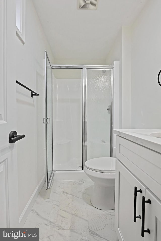 2144 Silentree Dr, Vienna, VA 22182 - full bathroom with vanity, a shower stall, and marble finish floors