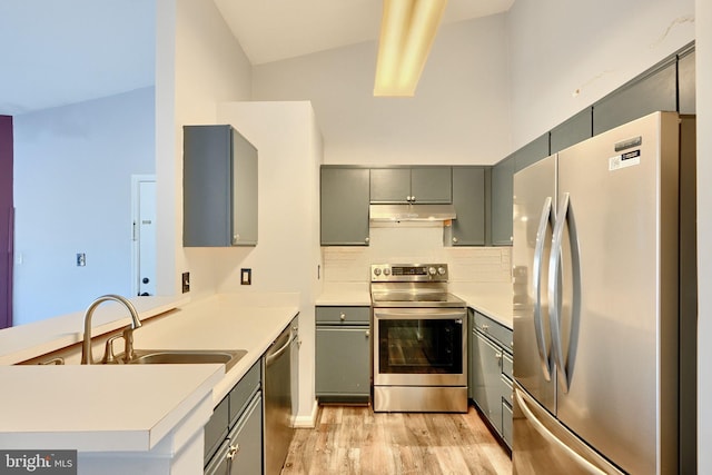 1210 Mist Wood Ct Unit 302, Belcamp, MD 21017 - kitchen with appliances with stainless steel finishes, gray cabinetry, a peninsula, under cabinet range hood, and light wood finished floors