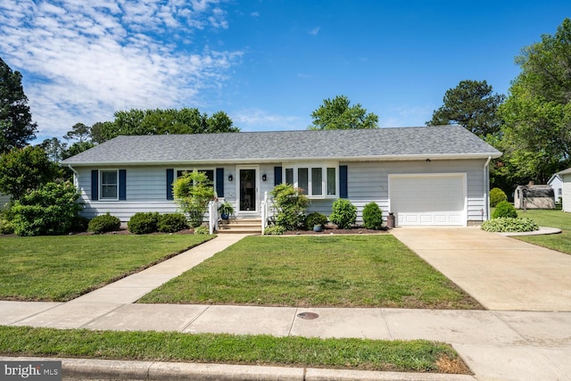 single story home featuring an attached garage, a front yard, concrete driveway, and a shingled roof