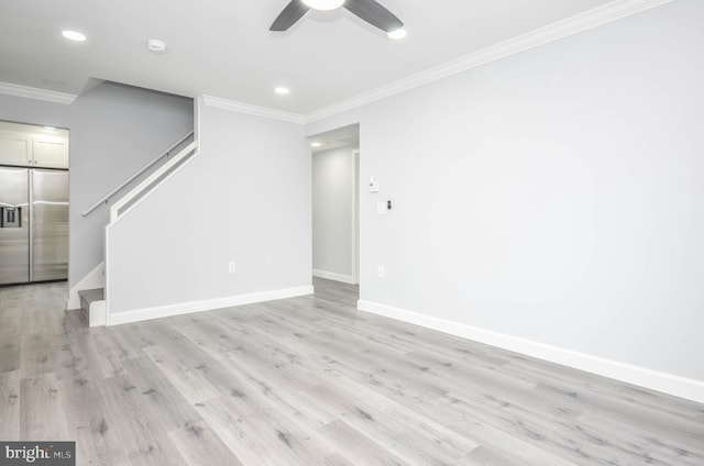 4915 78th Ave, Hyattsville, MD 20784 - unfurnished living room featuring crown molding, stairway, recessed lighting, baseboards, and ceiling fan