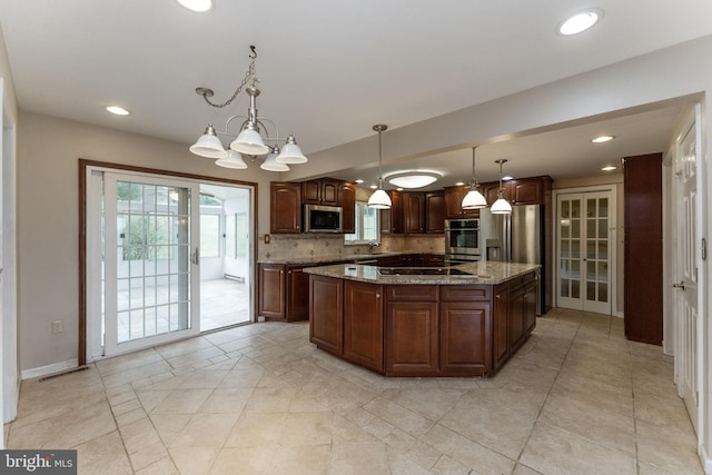 kitchen featuring stainless steel appliances, recessed lighting, tasteful backsplash, light stone counters, and baseboards