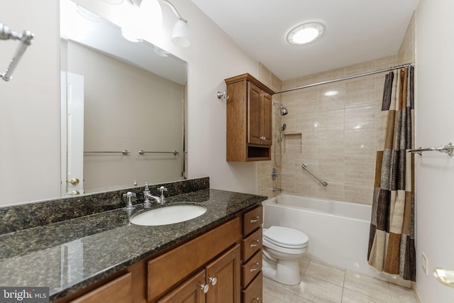 full bath with tile patterned flooring, toilet, shower / tub combo, and vanity