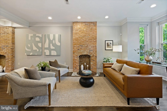 823 11th St NE, Washington, DC 20002 - living area with a fireplace, wood finished floors, recessed lighting, and ornamental molding