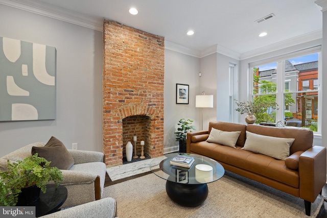 823 11th St NE, Washington, DC 20002 - living area featuring recessed lighting, crown molding, a brick fireplace, wood finished floors, and baseboards