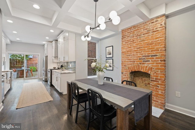 823 11th St NE, Washington, DC 20002 - dining space with coffered ceiling, dark wood-style floors, recessed lighting, a brick fireplace, and baseboards