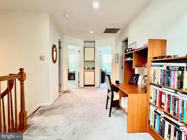 carpeted home office featuring recessed lighting and baseboards